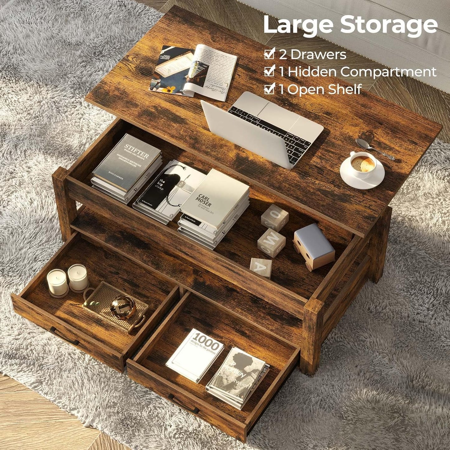 Rolanstar Lift Top Coffee Table with Drawers & Hidden Compartment – Retro Wooden Central Table with Adjustable Lift Tabletop for Living Room, Rustic Brown