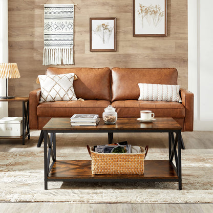Industrial Farmhouse Coffee Table with X-Shape Steel Frame and Storage Shelf, 39.4"x21.7"x17.7", Rustic Brown/Black