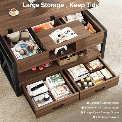 40" Lift Top Coffee Table, 4-in-1 Multi-Functional Farmhouse Coffee Table with Storage Drawers & Hidden Compartment, Lift Tabletop Center Table for Living Room, Walnut