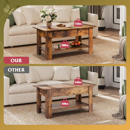 39" Lift Top Coffee Table with Hidden Compartment and Storage Shelf for Living Room or Office, Rustic Brown
