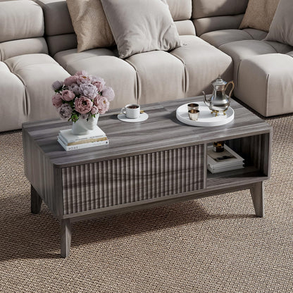LYNCOHOME Fluted Lift Top Coffee Table with Storage – Modern Center Table for Living Room or Home Office, Grey Finish