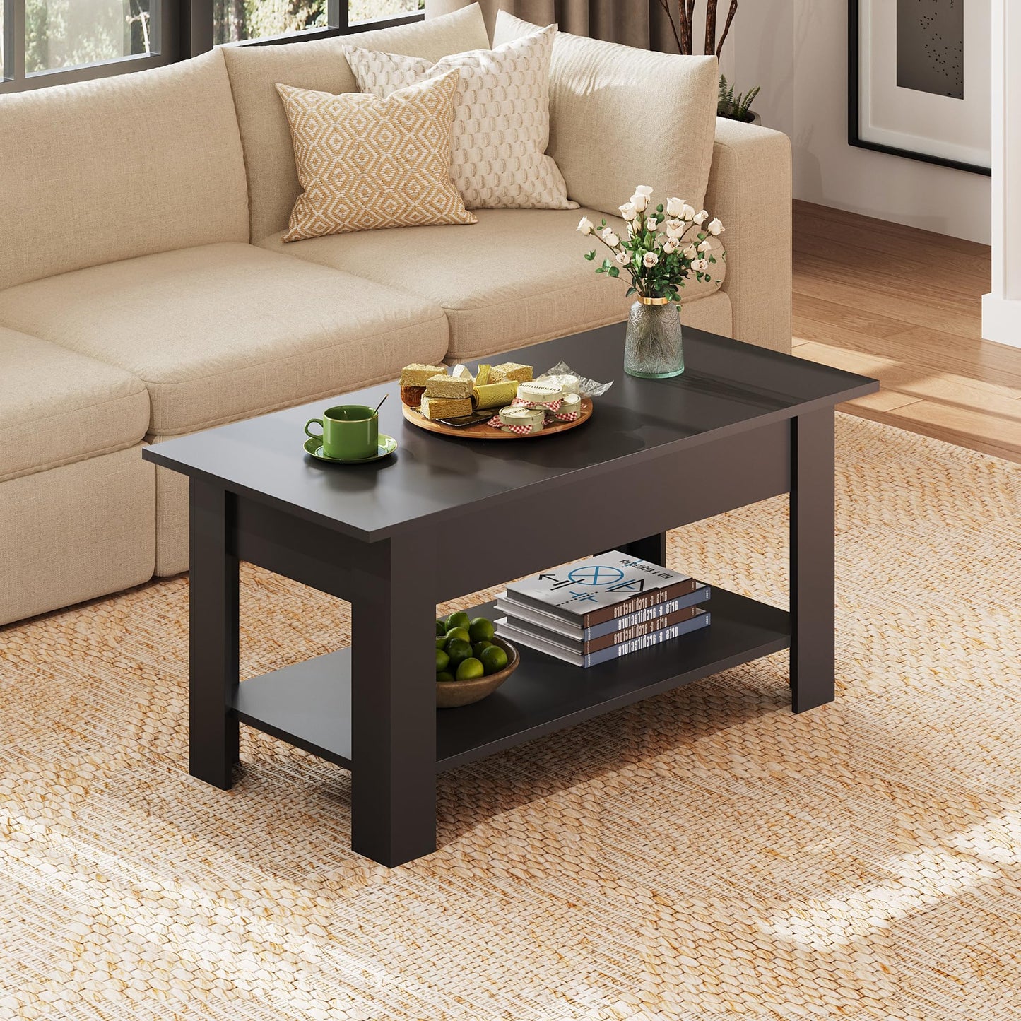 39" Lift Top Coffee Table with Hidden Compartment and Storage Shelf for Living Room or Office, Black