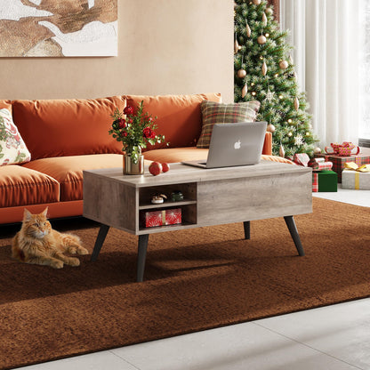 WLIVE Greige Lift Top Coffee Table – Mid-Century Modern Small Table with Adjustable Shelf & Storage Compartment for Living Room
