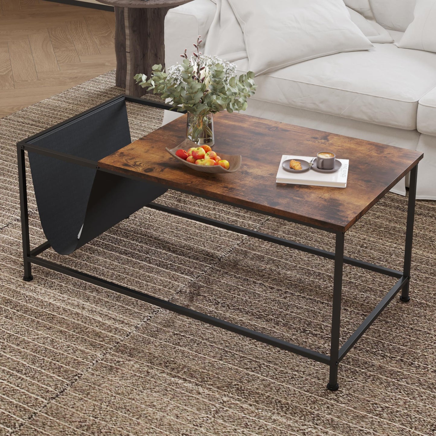 Brown Rectangle Wood and Metal Coffee Table with Storage Shelf for Small Living Rooms