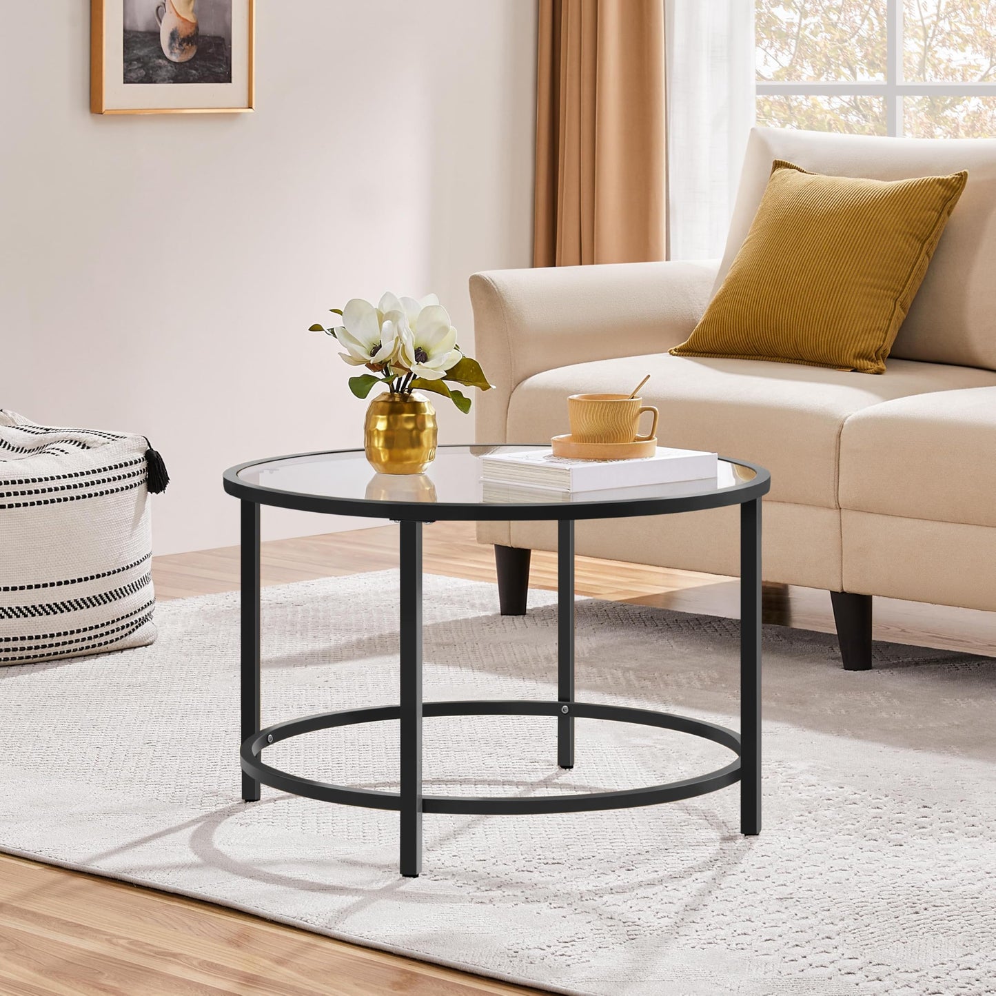 27.6" Round Glass Coffee Table with Black Metal Frame for Living Room, Office, or Apartment