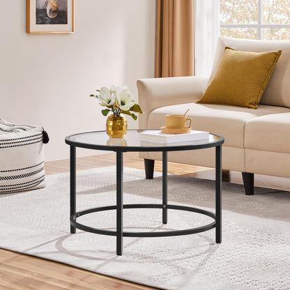 27.6" Round Glass Coffee Table with Black Metal Frame for Living Room, Office, or Apartment