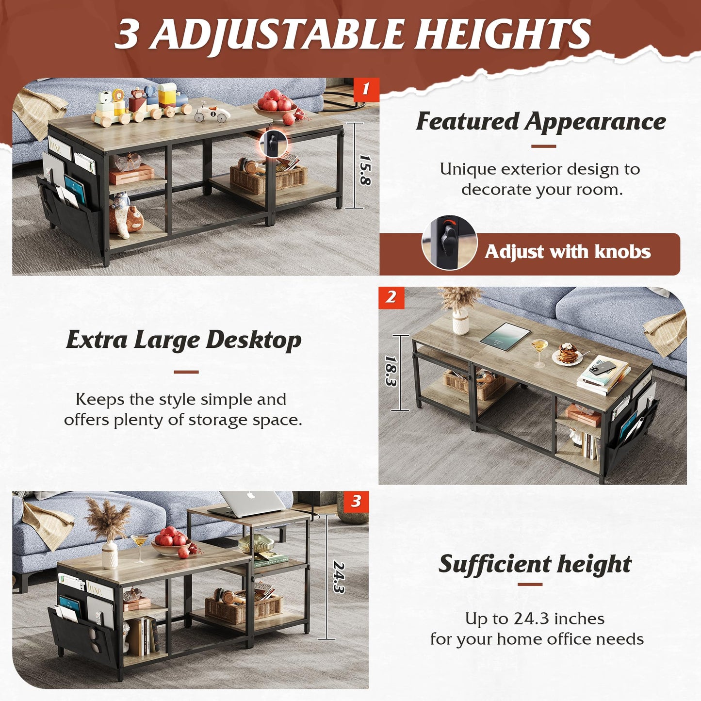 WLIVE Adjustable Coffee Table Set of 2 – Small End Tables for Living Room or Bedroom, Grey