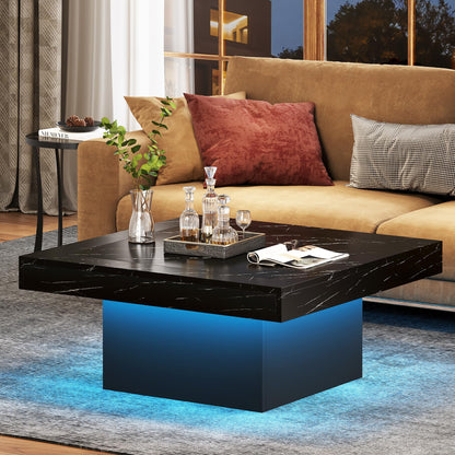 Tribesigns Square LED Coffee Table – Faux Black Marble & Black Engineered Wood Low Center Table for Living Room