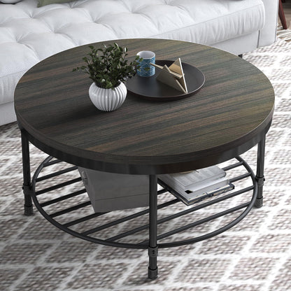 NSdirect 36" Round Coffee Table with Storage Shelf – Dark Grey Brown Vintage Wood Top & Sturdy Metal Legs, 18.5" Height Modern Center Table for Living Room or Small Spaces