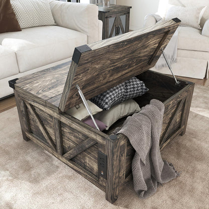 Farmhouse Lift Top Coffee Table with Storage and Charging Station – Dark Grey Wood Square Center Table with USB Ports, Hidden Compartment, and Spacious Storage for Living Room, Bedroom, or Home Office