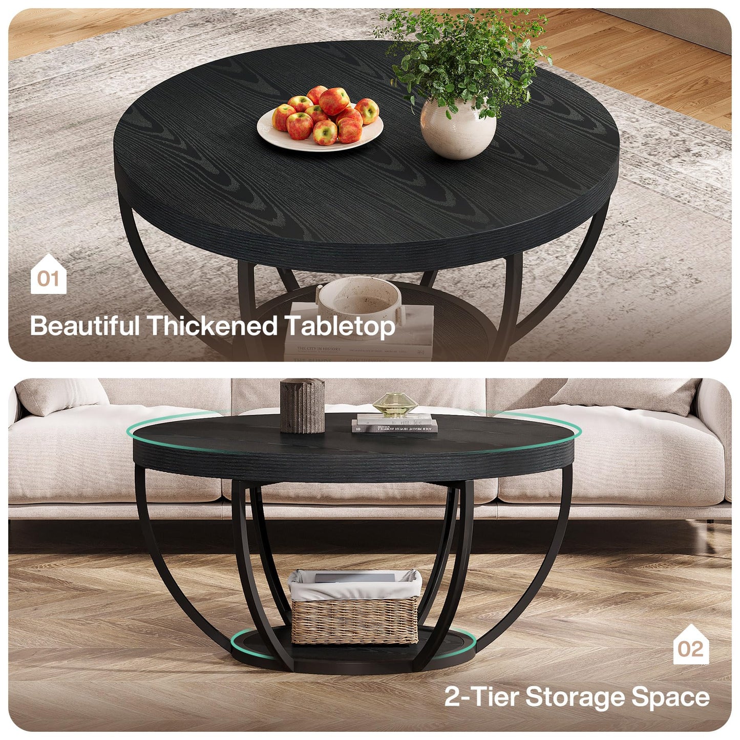 Tribesigns Black Round Coffee Table, 31.7" Modern 2-Tier Circle Coffee Table with Storage Shelves, Accent Cocktail Table Center Table for Living Room