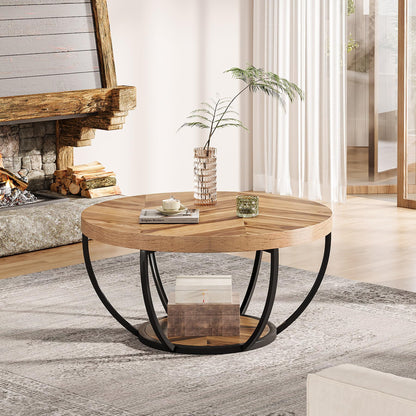Tribesigns 31.7" Round Industrial Coffee Table, 2-Tier Wood and Black Metal Accent Center Table with Storage Shelves for Living Room or Home Office, Easy Assembly