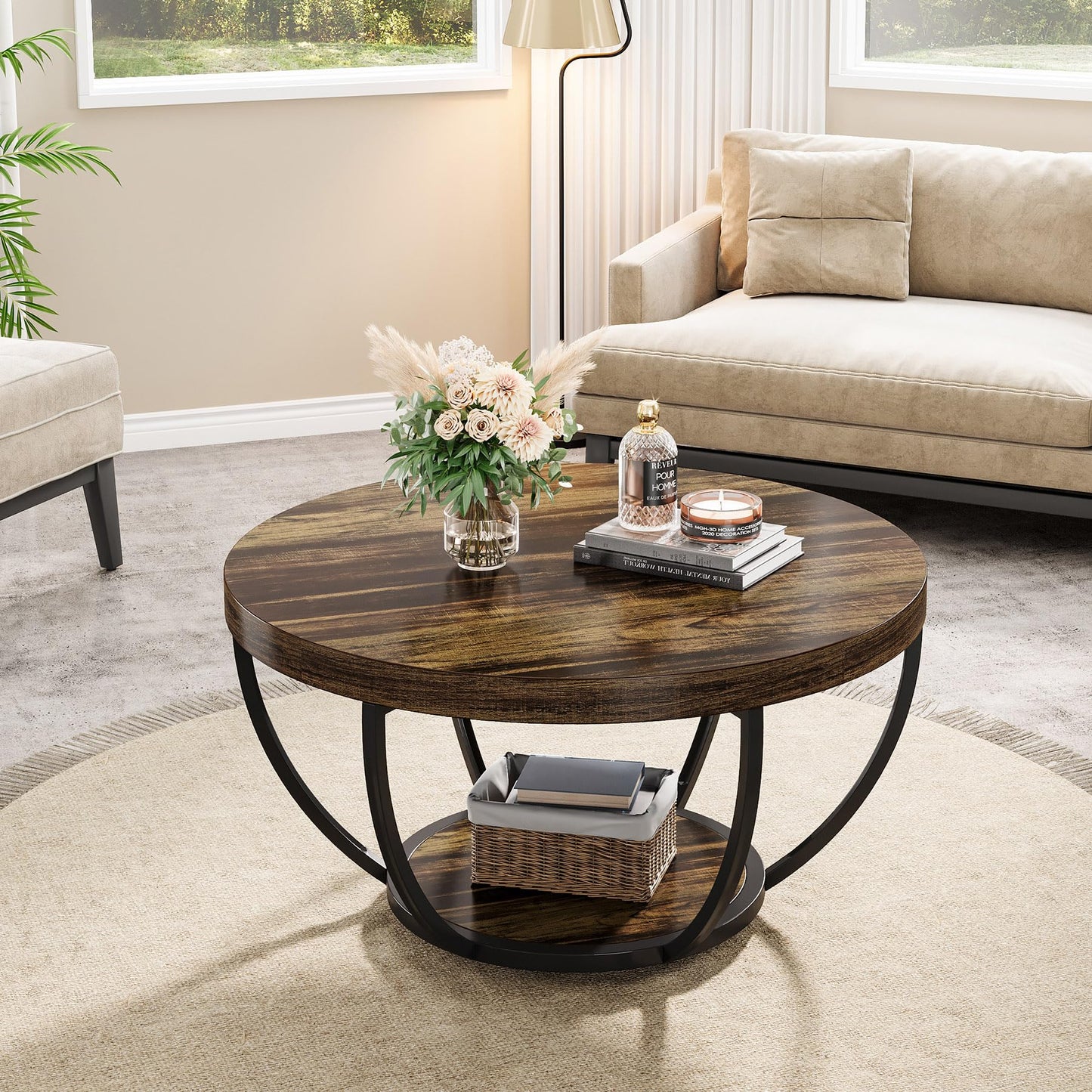 Tribesigns 31.7" Round Coffee Table, Modern 2-Tier Wooden Circle Coffee Table with Storage Shelves, Rustic Brown Accent Cocktail Center Table for Living Room