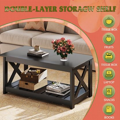 WLIVE 40.1" Farmhouse Coffee Table – 2-Tier Wood Center Table with Slatted Storage Shelf & X-Frame, Living Room or Balcony, Black
