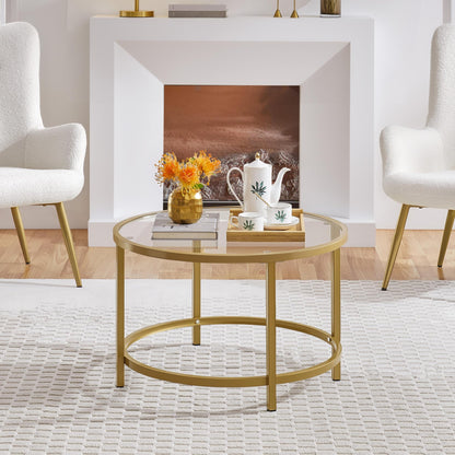 27.6" Round Glass Coffee Table with Gold Metal Frame for Living Room, Office, or Apartment