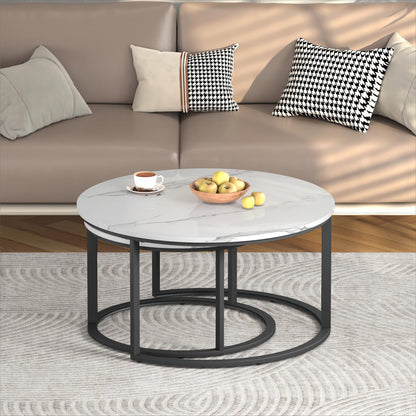 WiberWi Round Nesting Coffee Tables Set of 2 – Large Ø33.5", Small Ø25.7", Modern Metal Frame Circle Tables with High Gloss Faux White Marble Top for Living Room
