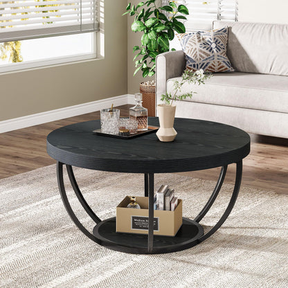 Tribesigns Black Round Coffee Table, 31.7" Modern 2-Tier Circle Coffee Table with Storage Shelves, Accent Cocktail Table Center Table for Living Room