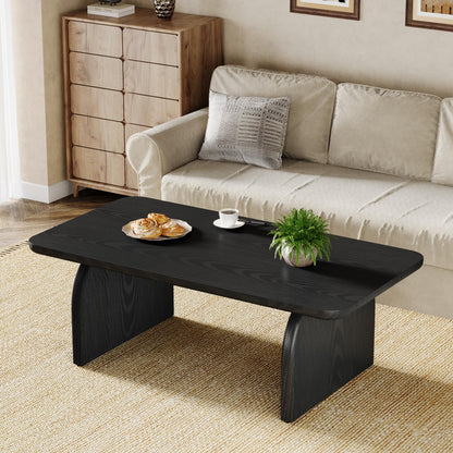 Rectangle Wood Coffee Table, 47-Inch Farmhouse Accent Center Table with Sturdy Base and Rounded Corners, Black