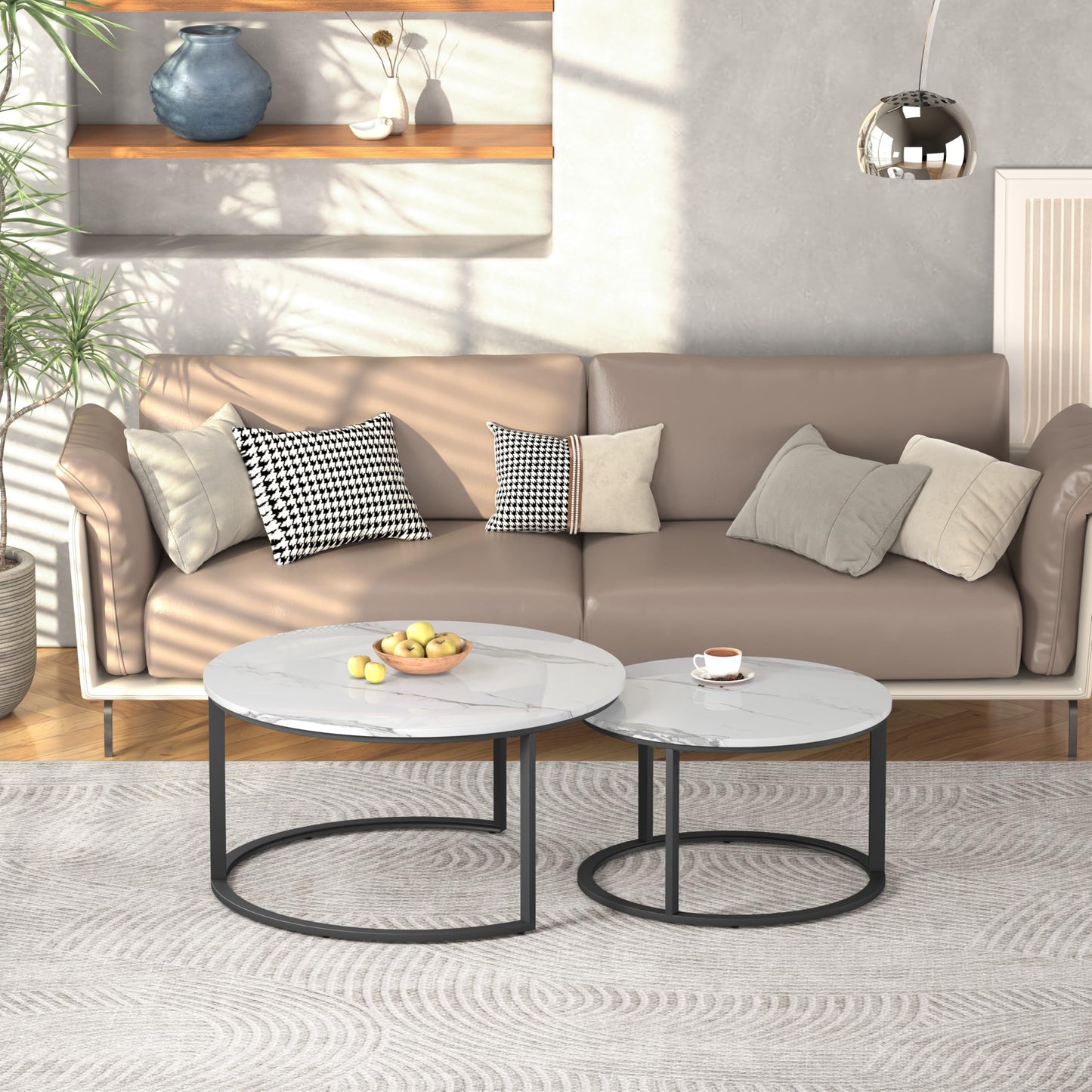 WiberWi Round Nesting Coffee Tables Set of 2 – Large Ø33.5", Small Ø25.7", Modern Metal Frame Circle Tables with High Gloss Faux White Marble Top for Living Room