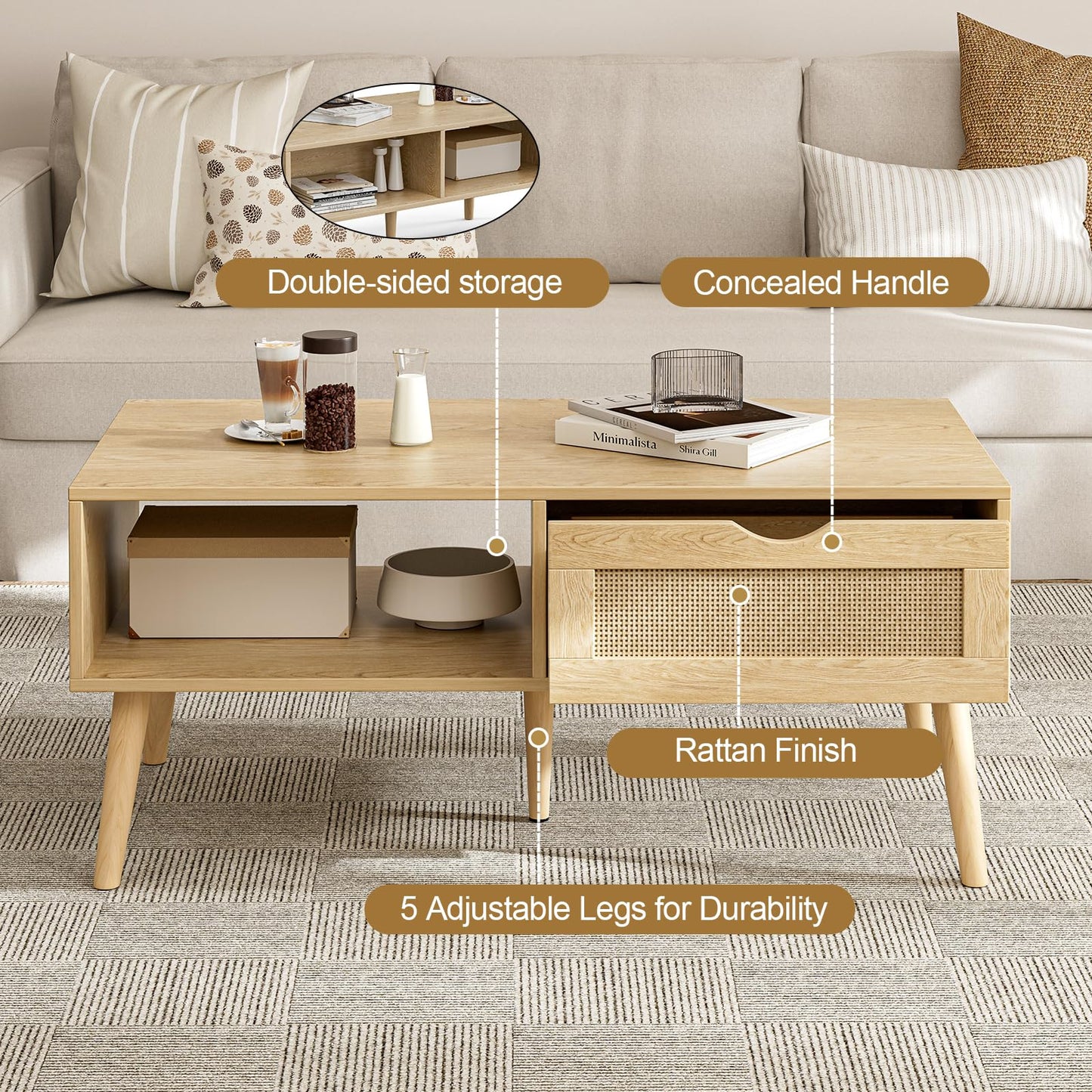 Boho Coffee Table with Rattan Drawer and Solid Wood Legs, Small Living Room Table with Storage, Oak