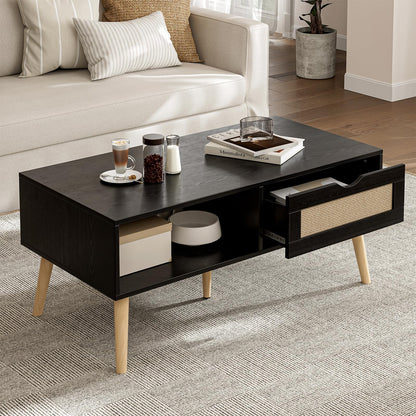 Boho Coffee Table with Sliding Rattan Door and Solid Wood Legs, Small Living Room Table with Storage, Black