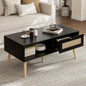 Boho Coffee Table with Sliding Rattan Door and Solid Wood Legs, Small Living Room Table with Storage, Black