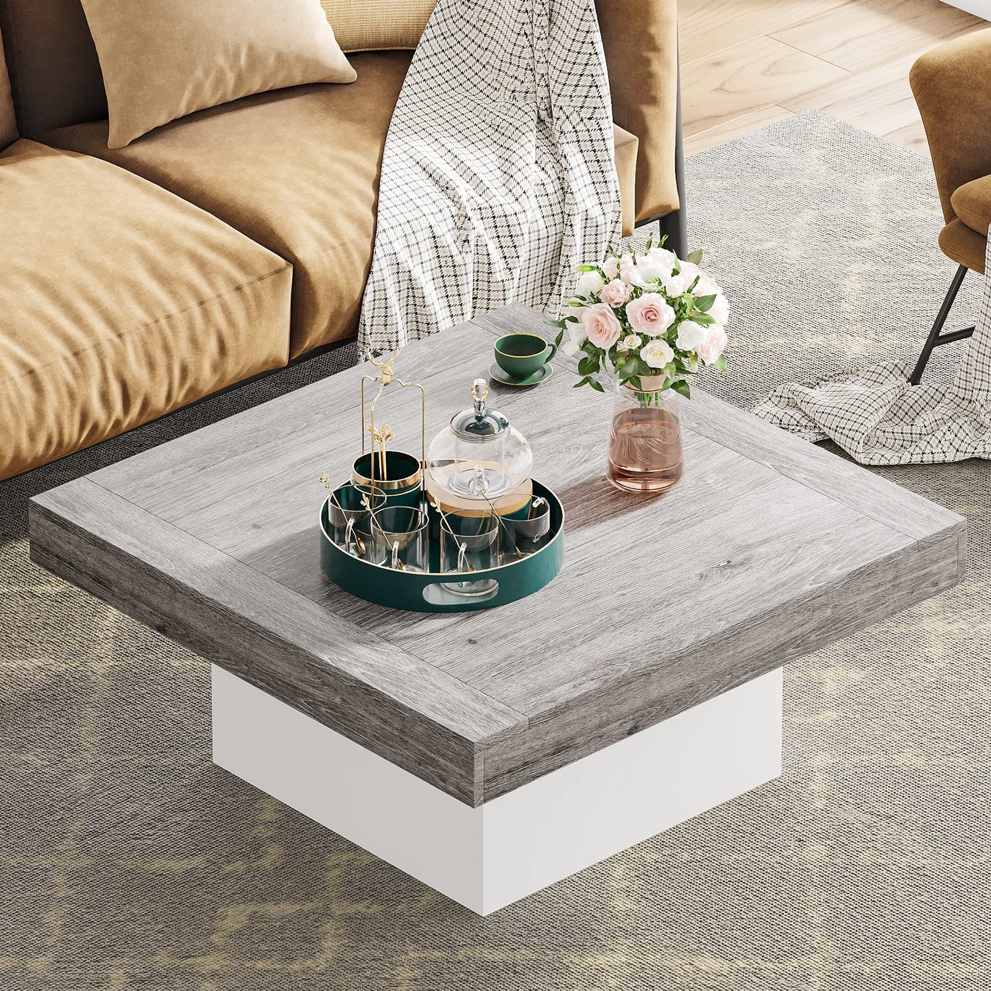 Tribesigns Square LED Coffee Table – Grey & White Engineered Wood Low Center Table for Living Room