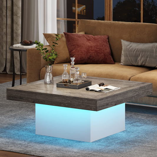 Tribesigns Square LED Coffee Table – Grey & White Engineered Wood Low Center Table for Living Room