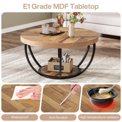 Tribesigns 31.7" Round Industrial Coffee Table, 2-Tier Wood and Black Metal Accent Center Table with Storage Shelves for Living Room or Home Office, Easy Assembly