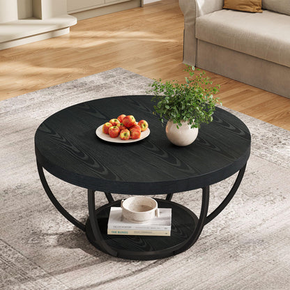 Tribesigns Black Round Coffee Table, 31.7" Modern 2-Tier Circle Coffee Table with Storage Shelves, Accent Cocktail Table Center Table for Living Room