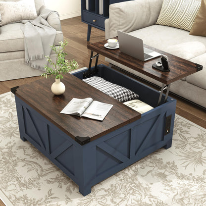 Farmhouse Lift Top Coffee Table with Storage and Charging Station – Blue Wood Square Center Table with USB Ports, Hidden Compartment, and Spacious Storage for Living Room, Bedroom, or Home Office