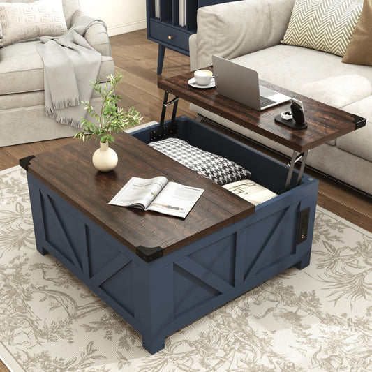 Farmhouse Lift Top Coffee Table with Storage and Charging Station – Blue Wood Square Center Table with USB Ports, Hidden Compartment, and Spacious Storage for Living Room, Bedroom, or Home Office