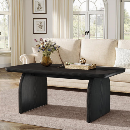 Rectangle Wood Coffee Table, 47-Inch Farmhouse Accent Center Table with Sturdy Base and Rounded Corners, Black