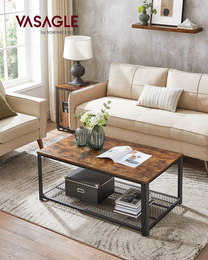 2-Tier Industrial Coffee Table with Mesh Shelf, Steel Frame, Adjustable Feet for Living Room, Rustic Brown/Black