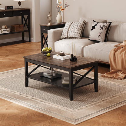 Black Wooden Coffee Table with Thick Legs and Storage for Living Room