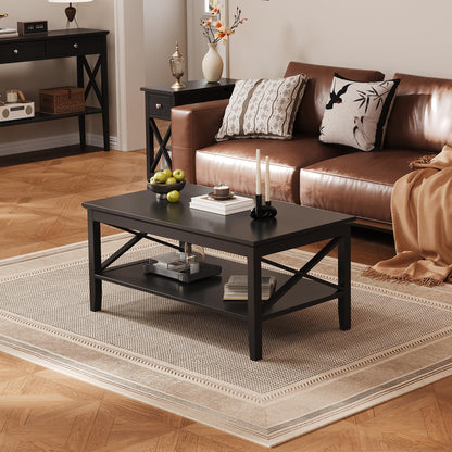 Black Wood Coffee Table with Thick Legs and Storage for Living Room