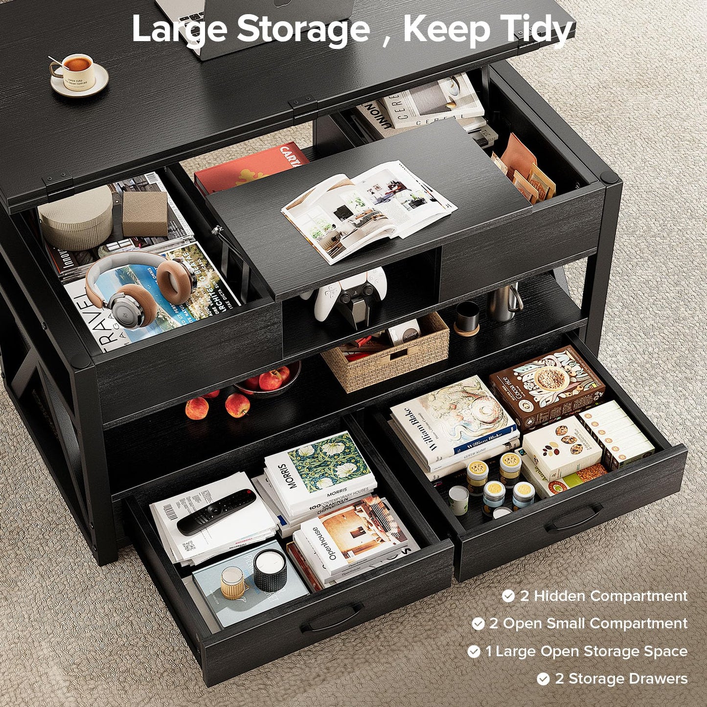 40" Lift Top Coffee Table, 4-in-1 Multi-Functional Farmhouse Coffee Table with Storage Drawers & Hidden Compartment, Lift Tabletop Center Table for Living Room, Black