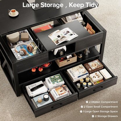 40" Lift Top Coffee Table, 4-in-1 Multi-Functional Farmhouse Coffee Table with Storage Drawers & Hidden Compartment, Lift Tabletop Center Table for Living Room, Black