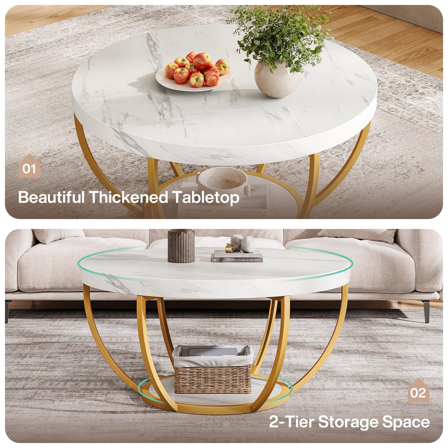 Tribesigns Modern Round Coffee Table, 2-Tier Circle Coffee Table with Faux White Marble Top and Gold Metal Legs, Elegant Accent Center Table for Living Room