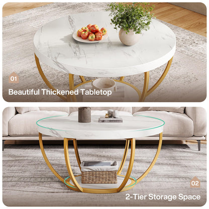 Tribesigns Modern Round Coffee Table, 2-Tier Circle Coffee Table with Faux White Marble Top and Gold Metal Legs, Elegant Accent Center Table for Living Room