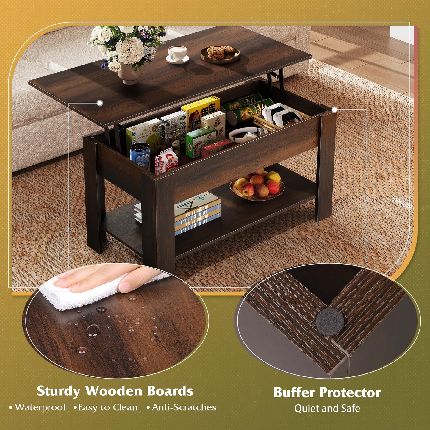 39" Lift Top Coffee Table with Hidden Compartment and Storage Shelf for Living Room or Office, Espresso