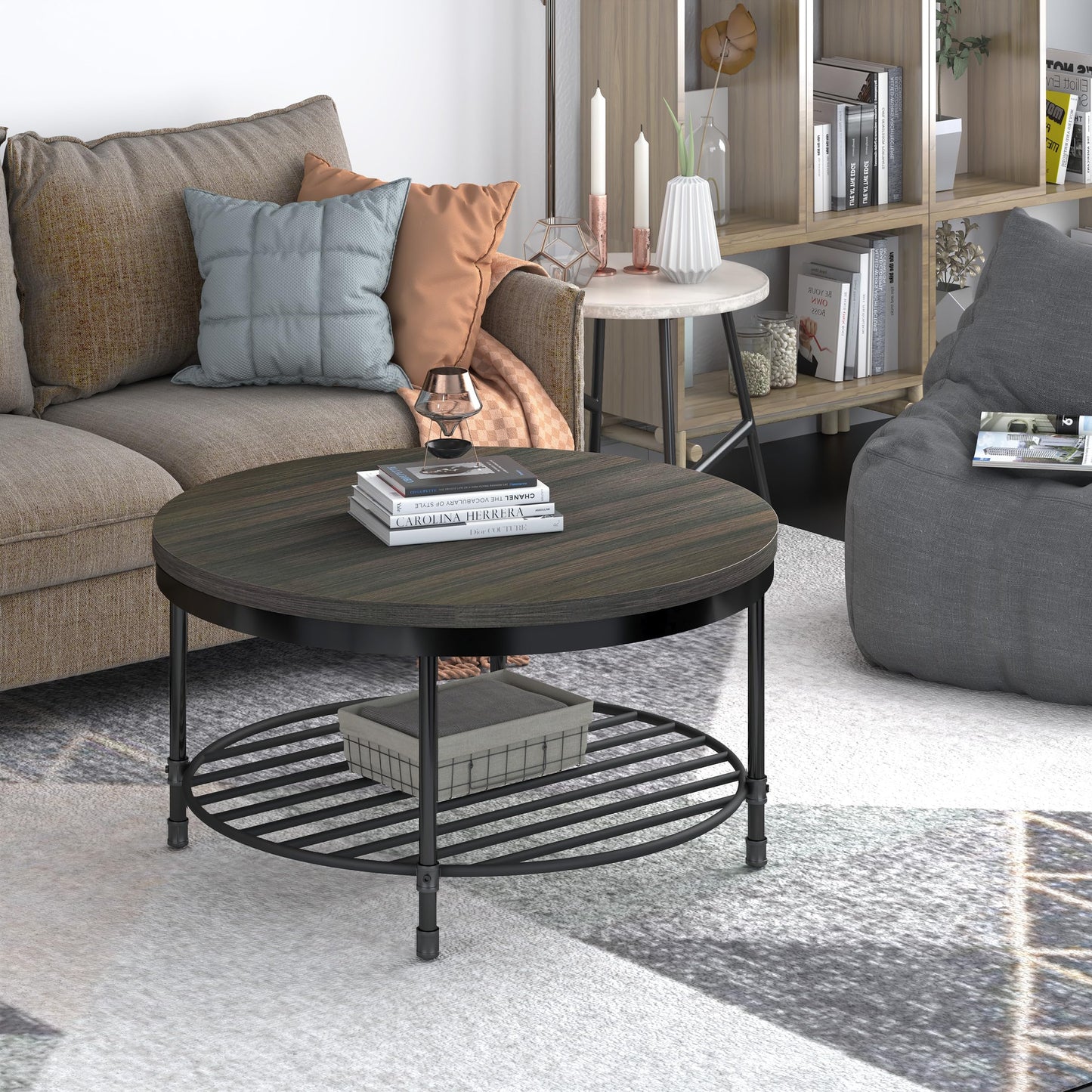 NSdirect 36" Round Coffee Table with Storage Shelf – Dark Grey Brown Vintage Wood Top & Sturdy Metal Legs, 18.5" Height Modern Center Table for Living Room or Small Spaces