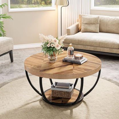 Tribesigns 31.7" Round Industrial Coffee Table, 2-Tier Wood and Black Metal Accent Center Table with Storage Shelves for Living Room or Home Office, Easy Assembly
