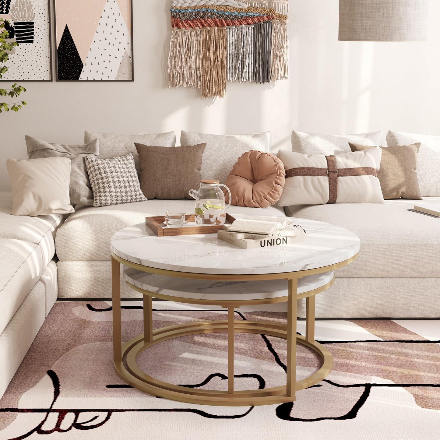 WiberWi Round Nesting Coffee Tables Set of 2 – Large Ø34", Small Ø26", Modern Gold Metal Frame Circle Tables with High Gloss Faux White Marble Top for Living Room