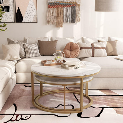 WiberWi Round Nesting Coffee Tables Set of 2 – Large Ø34", Small Ø26", Modern Gold Metal Frame Circle Tables with High Gloss Faux White Marble Top for Living Room