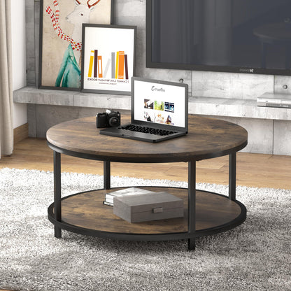 NSdirect 36" Round Coffee Table for Living Room – Rustic Brown Wooden Top with Sturdy Metal Legs, 2-Tier Industrial Sofa Table with Open Storage Shelf, Modern Home Furniture