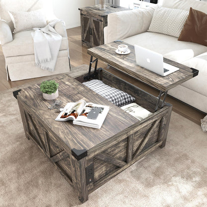 Farmhouse Lift Top Coffee Table with Storage and Charging Station – Dark Grey Wood Square Center Table with USB Ports, Hidden Compartment, and Spacious Storage for Living Room, Bedroom, or Home Office