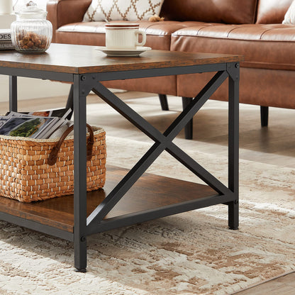 Industrial Farmhouse Coffee Table with X-Shape Steel Frame and Storage Shelf, 39.4"x21.7"x17.7", Rustic Brown/Black