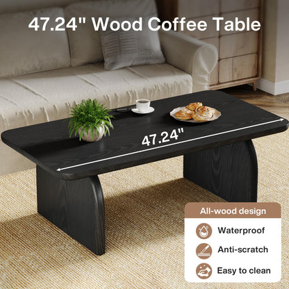 Rectangle Wood Coffee Table, 47-Inch Farmhouse Accent Center Table with Sturdy Base and Rounded Corners, Black