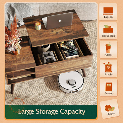 WLIVE Rustic Brown Lift Top Coffee Table – Mid-Century Modern Small Table with Adjustable Shelf & Storage Compartment for Living Room